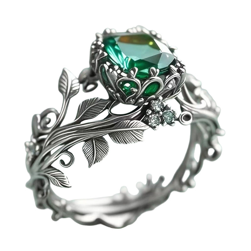 ✨💖Green Synthetic Crystal Ring with Intricate Leaf💍