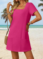 👗Women's Casual Square Neck Pocket Short Sleeve Dress with Pockets💕
