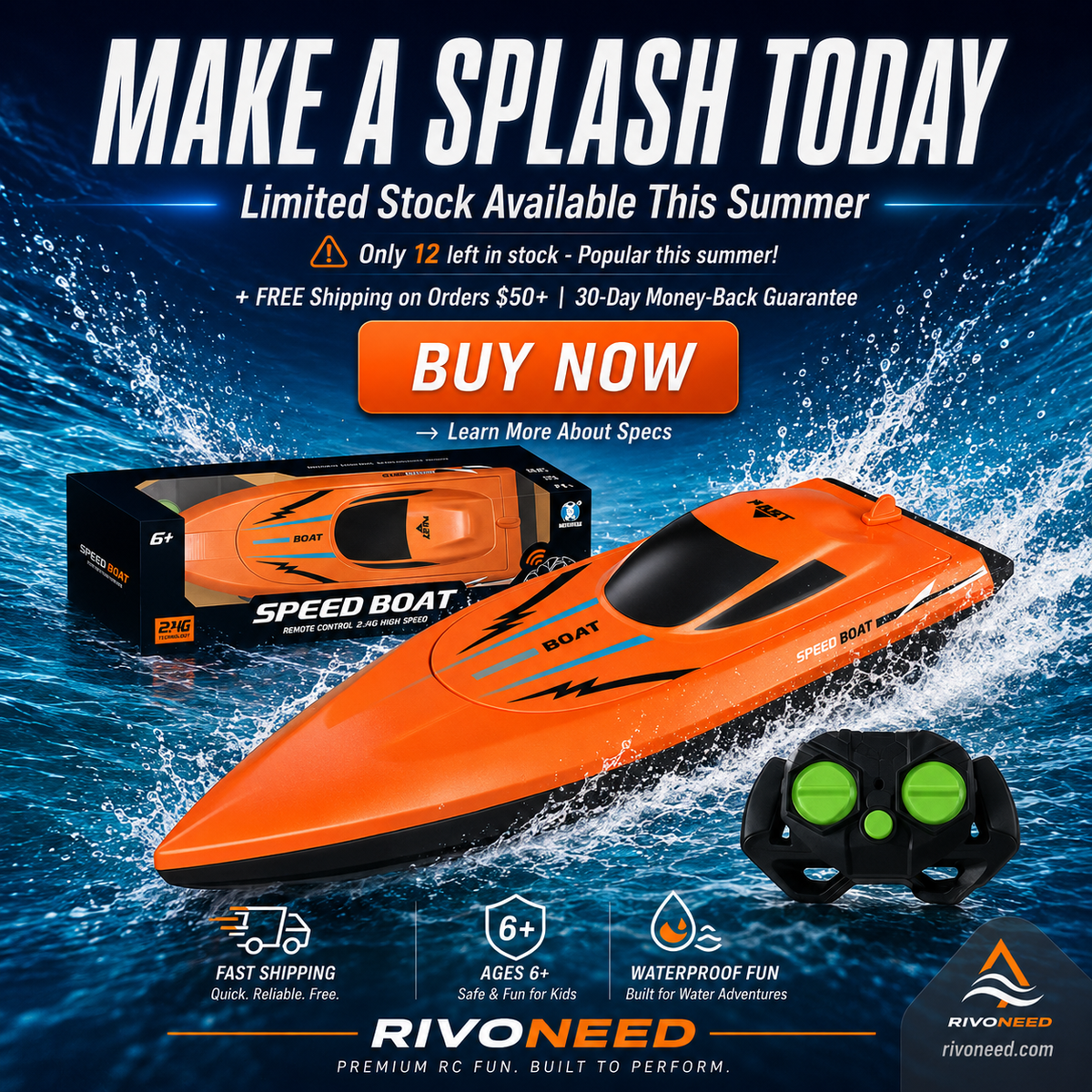 Dual‑Motor RC Boat – Twin engines, 2.4GHz control, waterproof & impact‑resistant. Slice through waves at insane speed! 🌊🚤