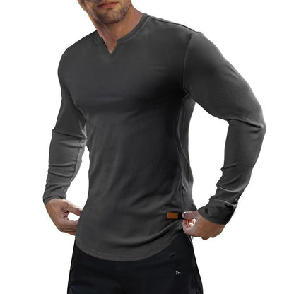 V-Neck Longline Ribbed Tees Shirts Long Sleeve Gym Workout Athletic Menswear Tops