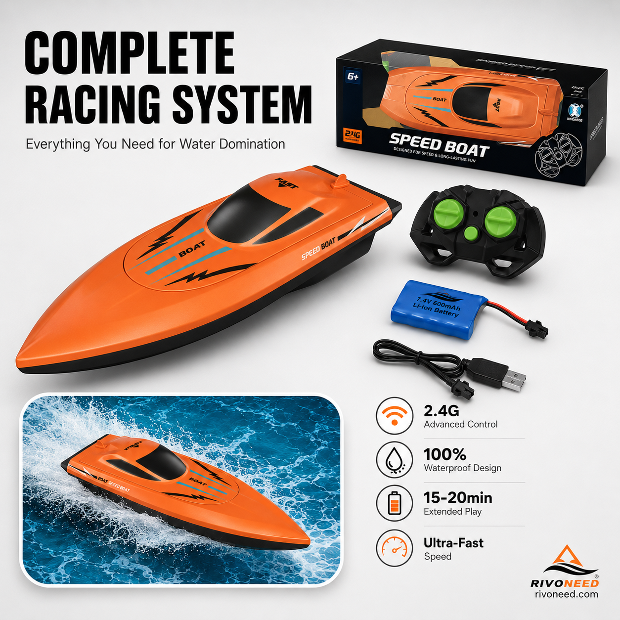 Dual‑Motor RC Boat – Twin engines, 2.4GHz control, waterproof & impact‑resistant. Slice through waves at insane speed! 🌊🚤
