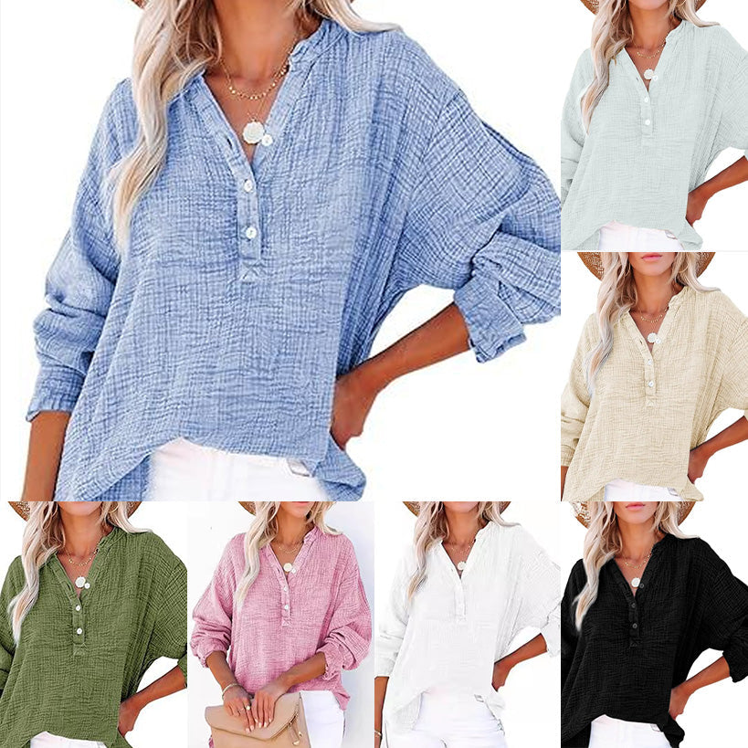 🤩Buy More Save More🤩Women’s Casual Gauze Button Neck Long Sleeve Blouse