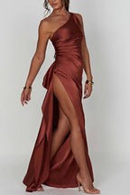 ⏳Time-limited Special⏰Fits Your Curves Satin One Shoulder Drape Slit Maxi Dress