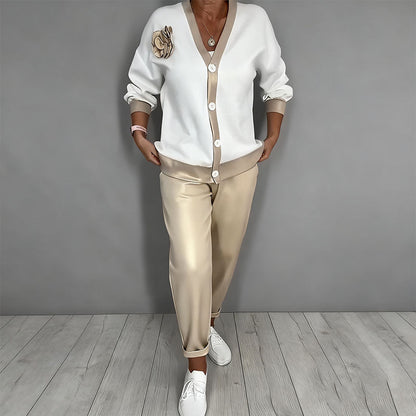 Women’s Casual V-Neck Top & High Waist Pants 2-Piece Set