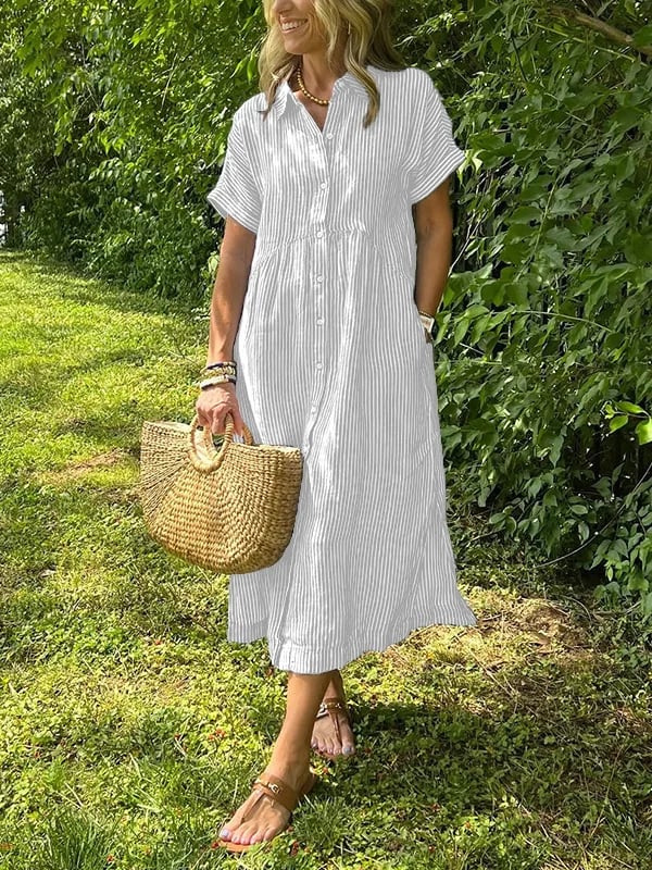 🔥Striped Lapel Button Down Shirt Dress | With Functional Pockets
