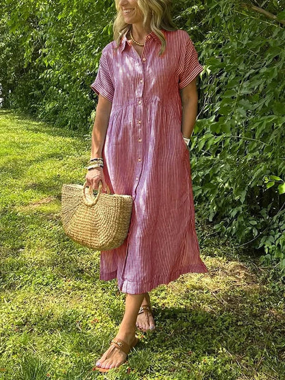 🔥Striped Lapel Button Down Shirt Dress | With Functional Pockets