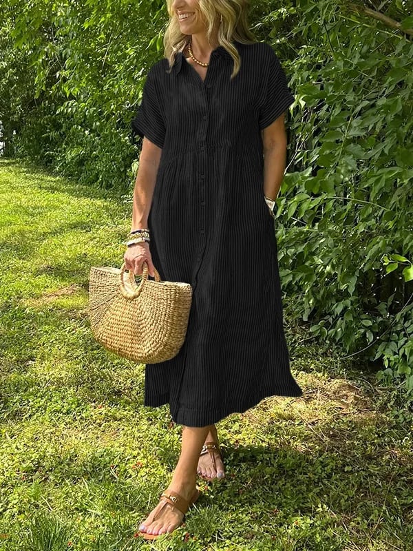 🔥Striped Lapel Button Down Shirt Dress | With Functional Pockets