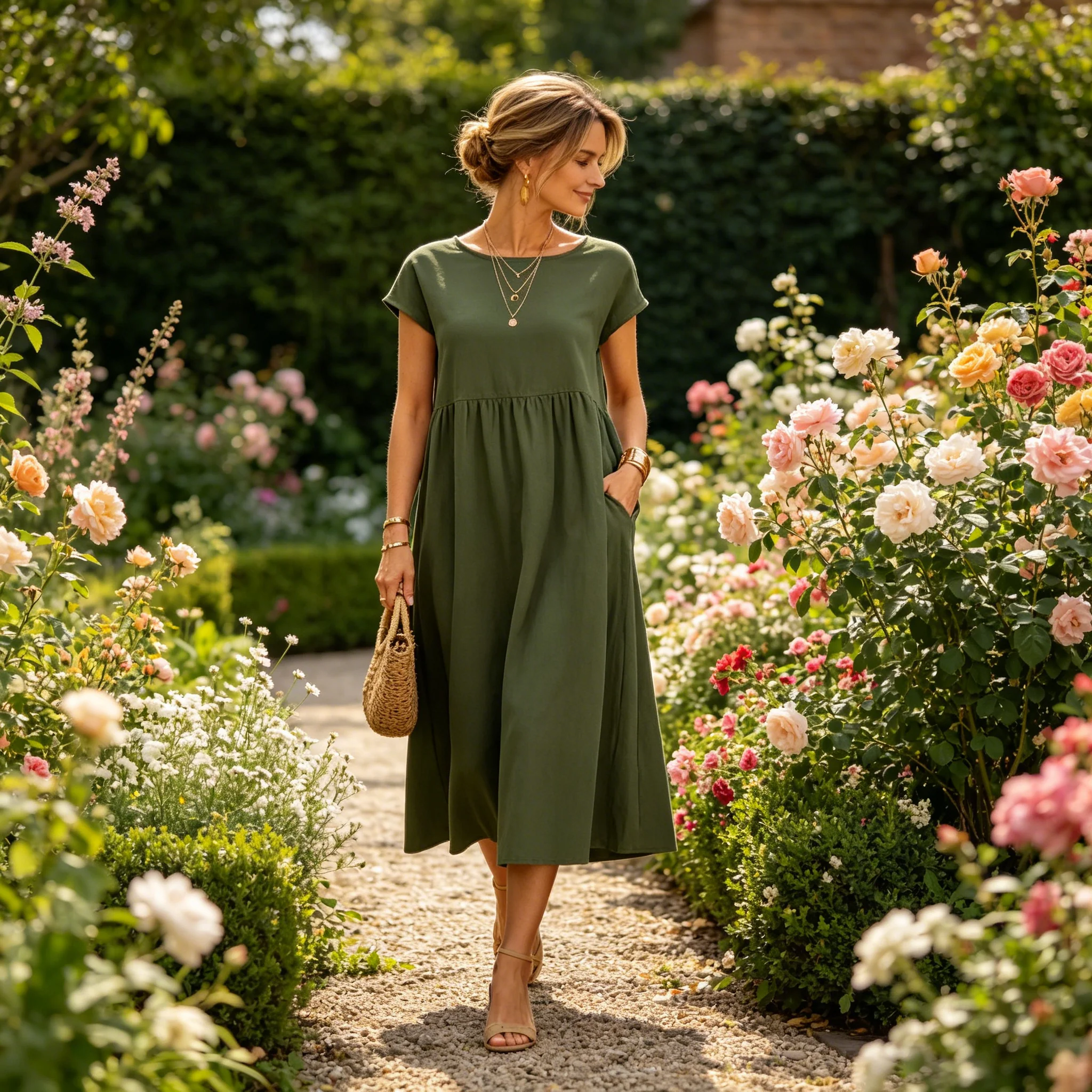 Fashion Solid Color Cotton Linen Pocket Dress