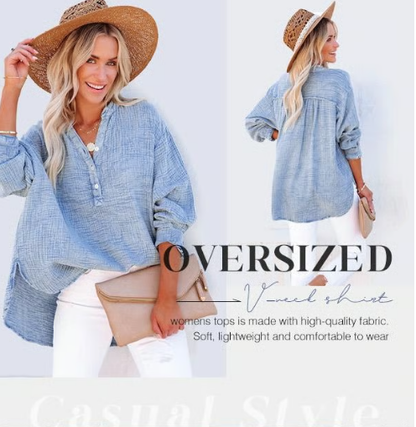 🤩Buy More Save More🤩Women’s Casual Gauze Button Neck Long Sleeve Blouse