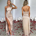 ⏳Time-limited Special⏰Fits Your Curves Satin One Shoulder Drape Slit Maxi Dress