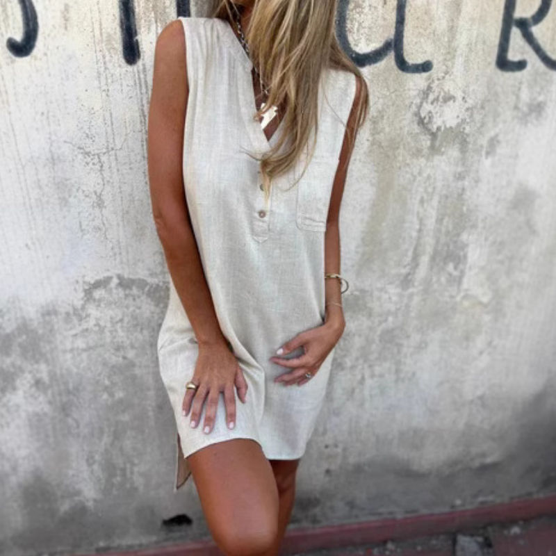 💖Women's Sleeveless Button Pocket V-Neck Dress
