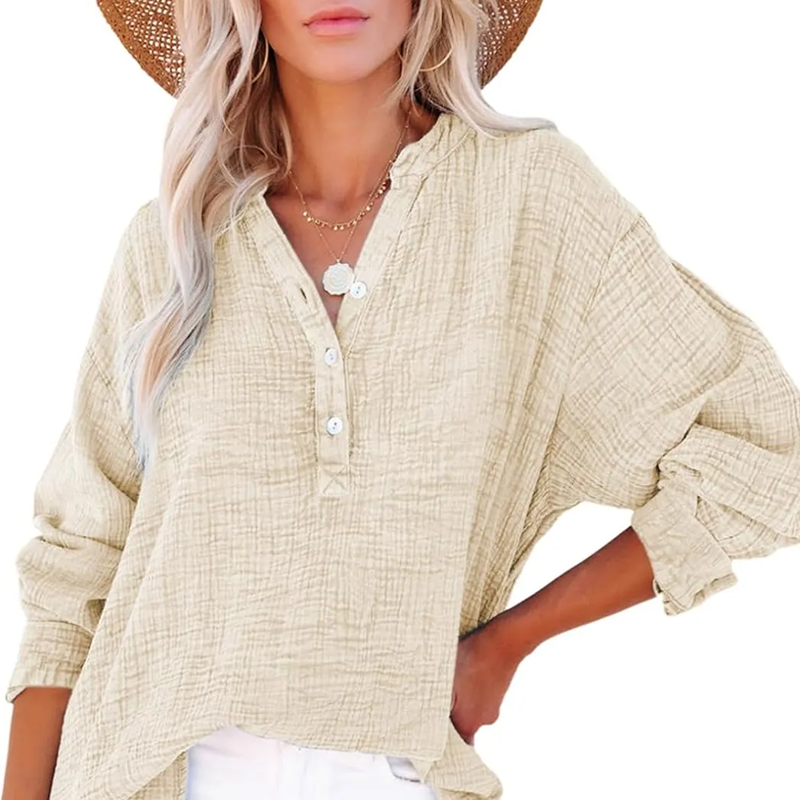 🤩Buy More Save More🤩Women’s Casual Gauze Button Neck Long Sleeve Blouse