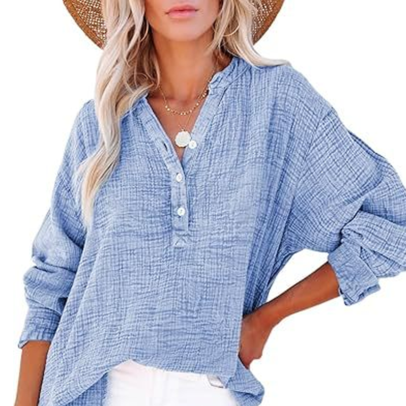 🤩Buy More Save More🤩Women’s Casual Gauze Button Neck Long Sleeve Blouse
