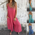 Women's Casual Loose Cotton-Linen Blend Jumpsuit with Pockets and Adjustable Straps