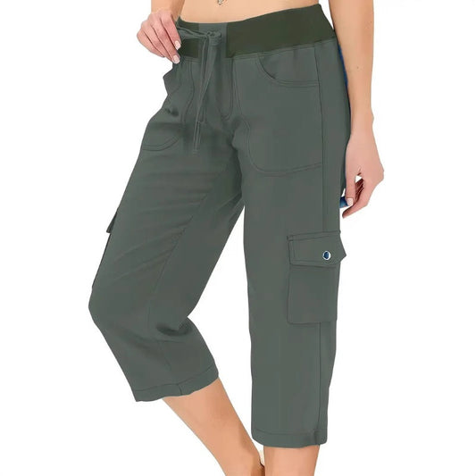 Women's Solid Color High-Waist Drawstring 3/4-Length Cargo Pants