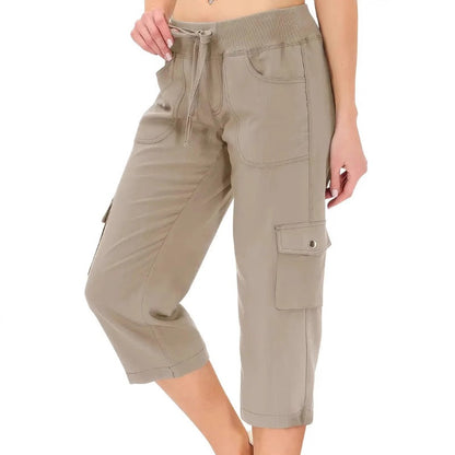 Women's Solid Color High-Waist Drawstring 3/4-Length Cargo Pants