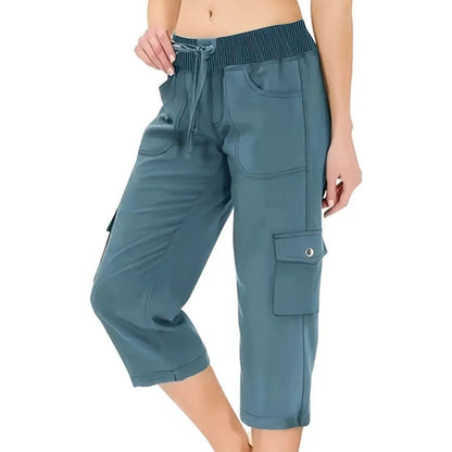 Women's Solid Color High-Waist Drawstring 3/4-Length Cargo Pants