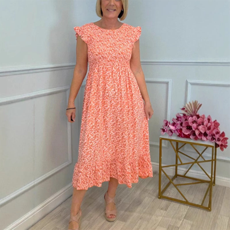 🌸Women's Elegant Floral Print High-Waisted Ruffle Cap Sleeve Dress💃