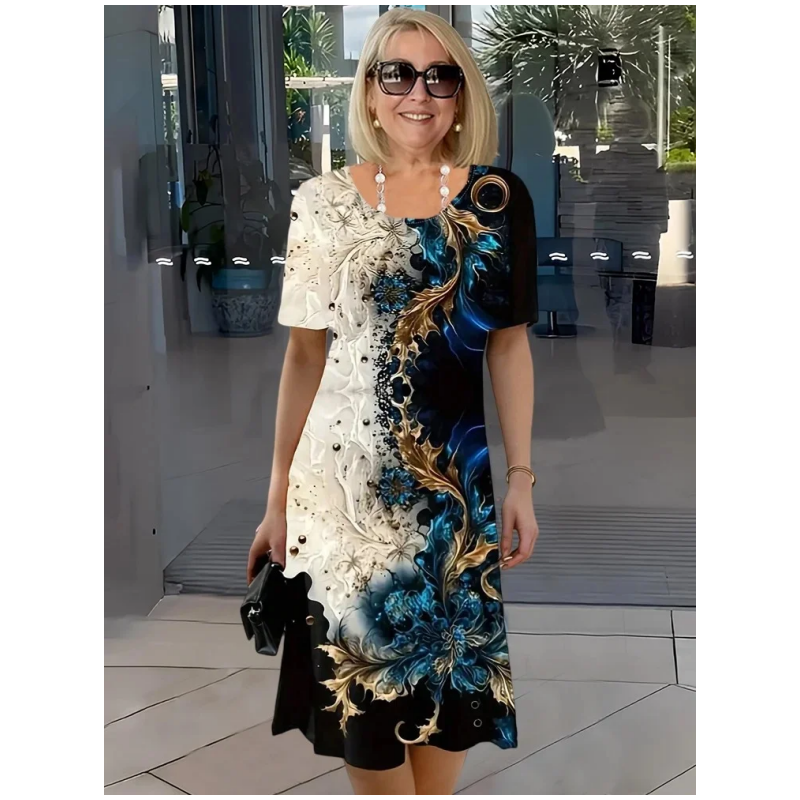 Women's Summer Floral Print Round Neck A-Line Short Sleeve Dress