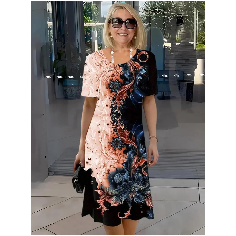 Women's Summer Floral Print Round Neck A-Line Short Sleeve Dress