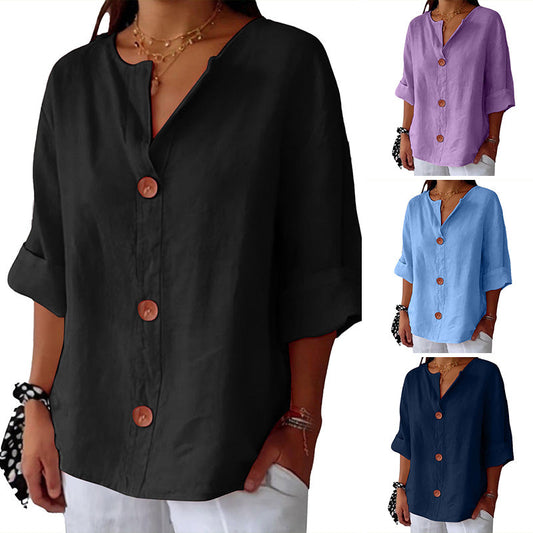 💓Women's Loose V-Neck Top with Buttons and 3/4 Sleeves