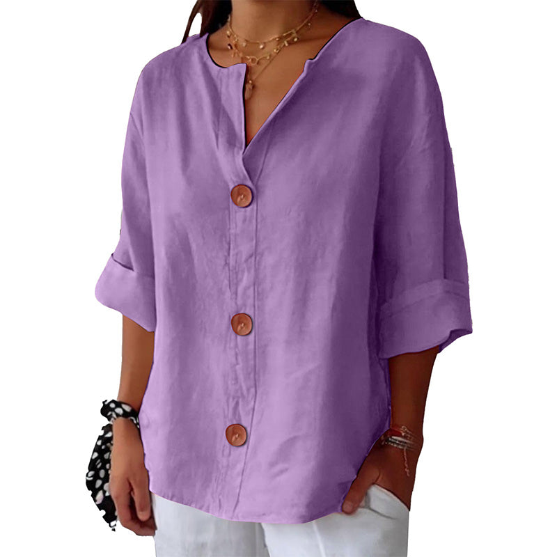 💓Women's Loose V-Neck Top with Buttons and 3/4 Sleeves