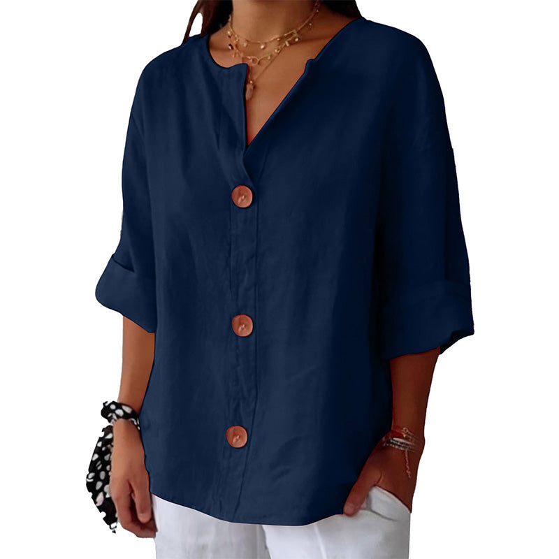 💓Women's Loose V-Neck Top with Buttons and 3/4 Sleeves