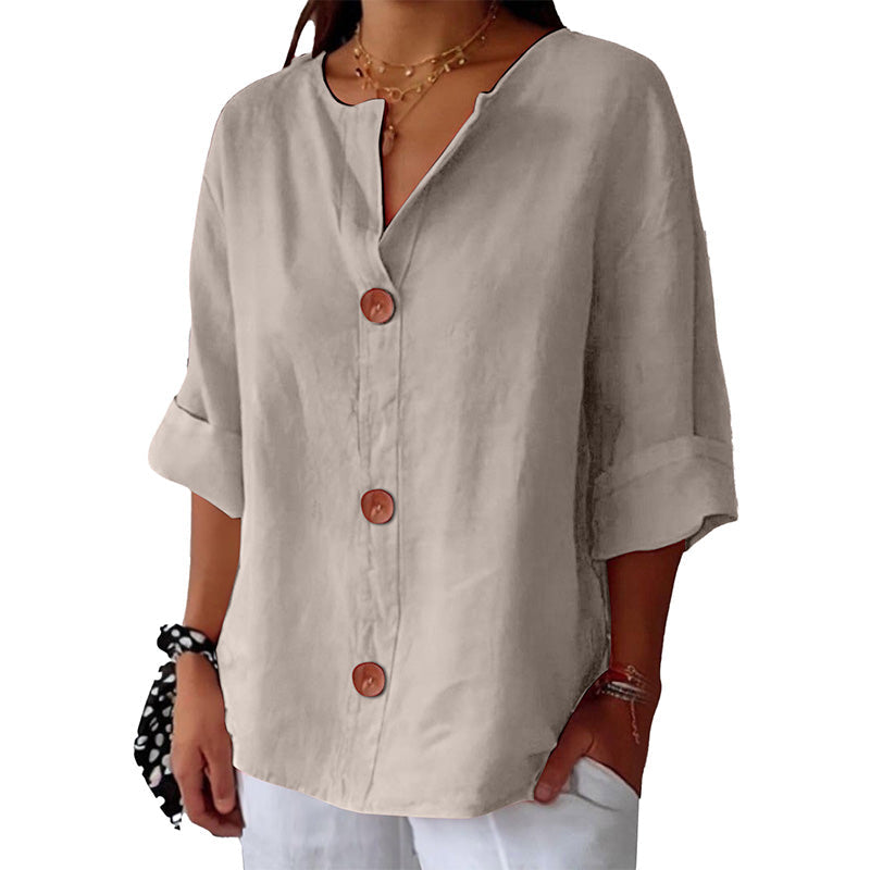 💓Women's Loose V-Neck Top with Buttons and 3/4 Sleeves