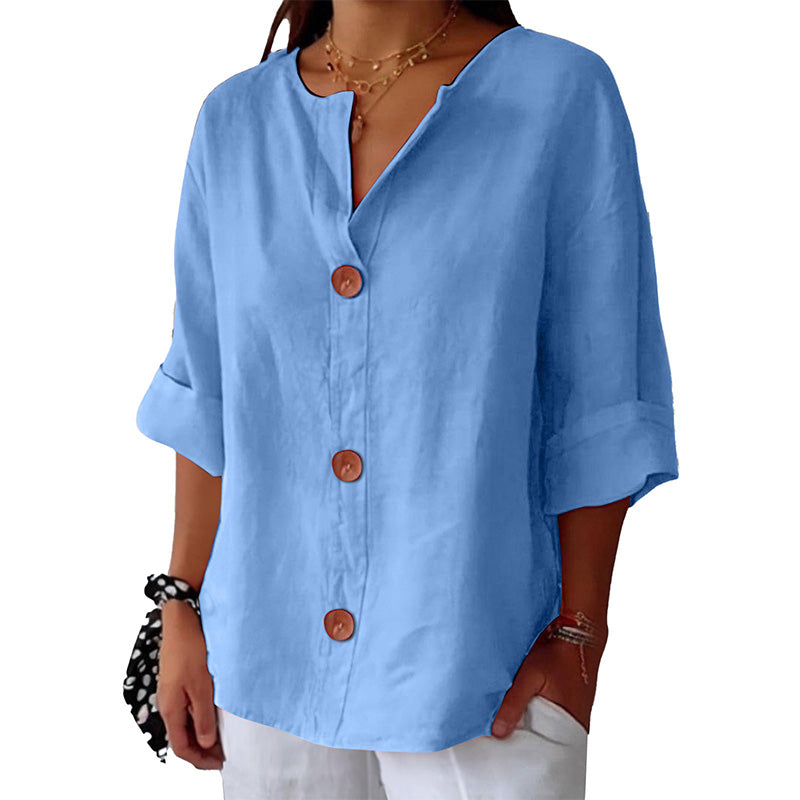 💓Women's Loose V-Neck Top with Buttons and 3/4 Sleeves