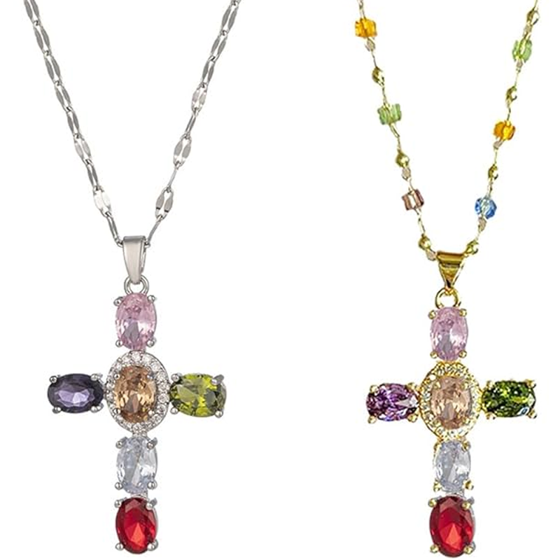 💜Colorful Rhinestone Cross Pendant Necklaces