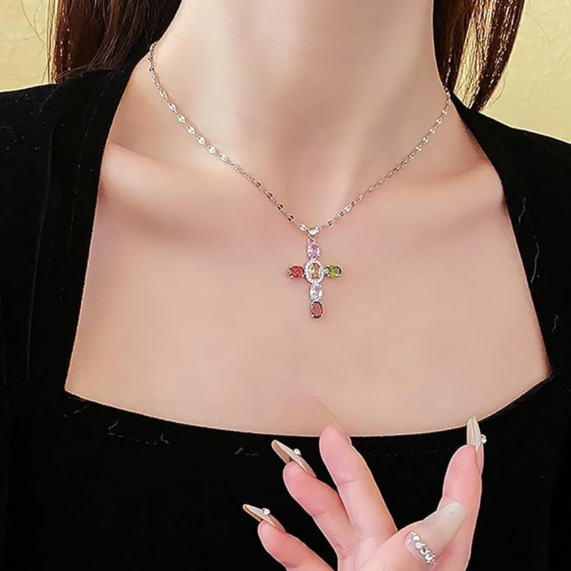💜Colorful Rhinestone Cross Pendant Necklaces