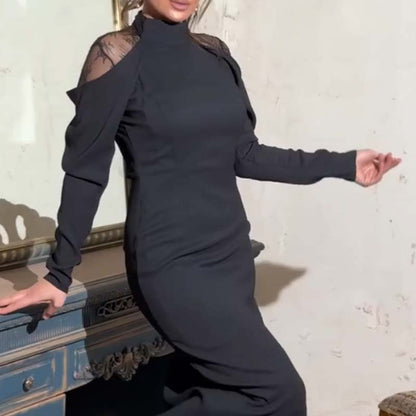 🖤 Women's Elegant Mock Neck Lace Back Midi Dress