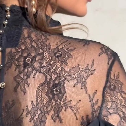 🖤 Women's Elegant Mock Neck Lace Back Midi Dress