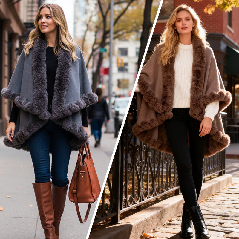 Women's Double-Layer Knit Shawl with Plush Trim