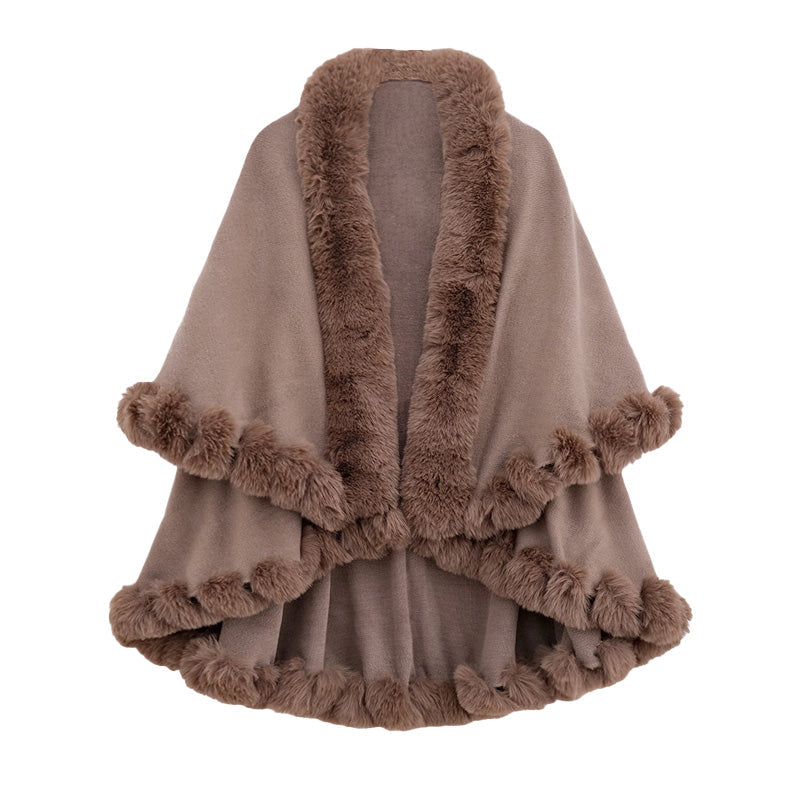 Women's Double-Layer Knit Shawl with Plush Trim
