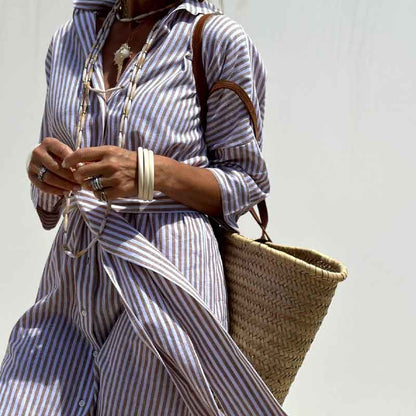Classic Striped Lace-Up Shirt Dress