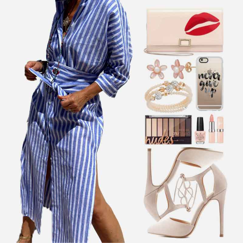 Classic Striped Lace-Up Shirt Dress