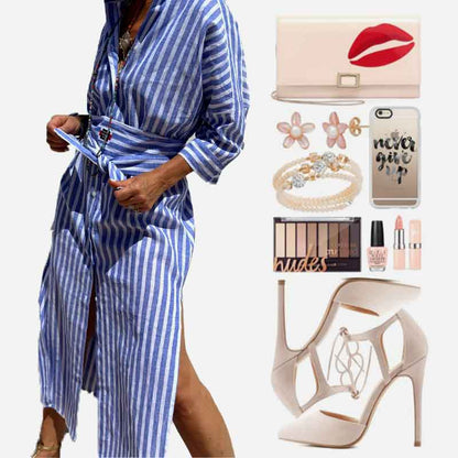 Classic Striped Lace-Up Shirt Dress