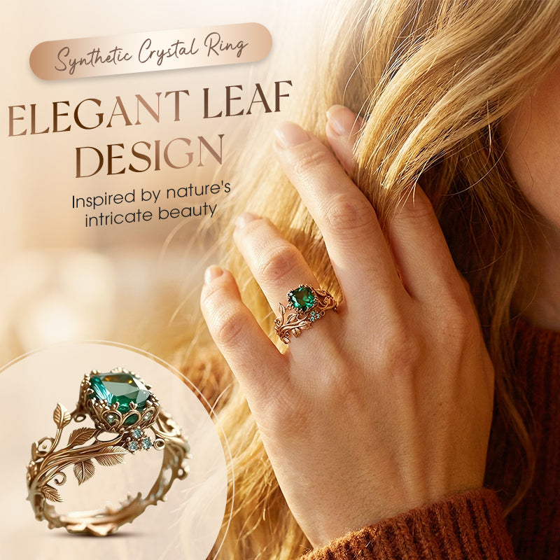✨💖Green Synthetic Crystal Ring with Intricate Leaf💍