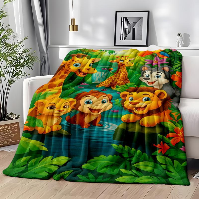 Plush Flannel Throw Blanket with Cartoon Jungle Print