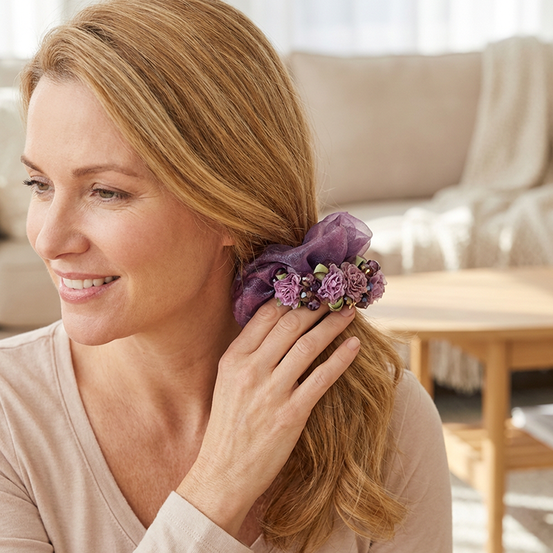 Elegant Floral Organza Hair Scrunchie