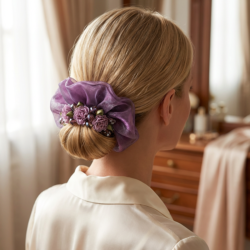 Elegant Floral Organza Hair Scrunchie
