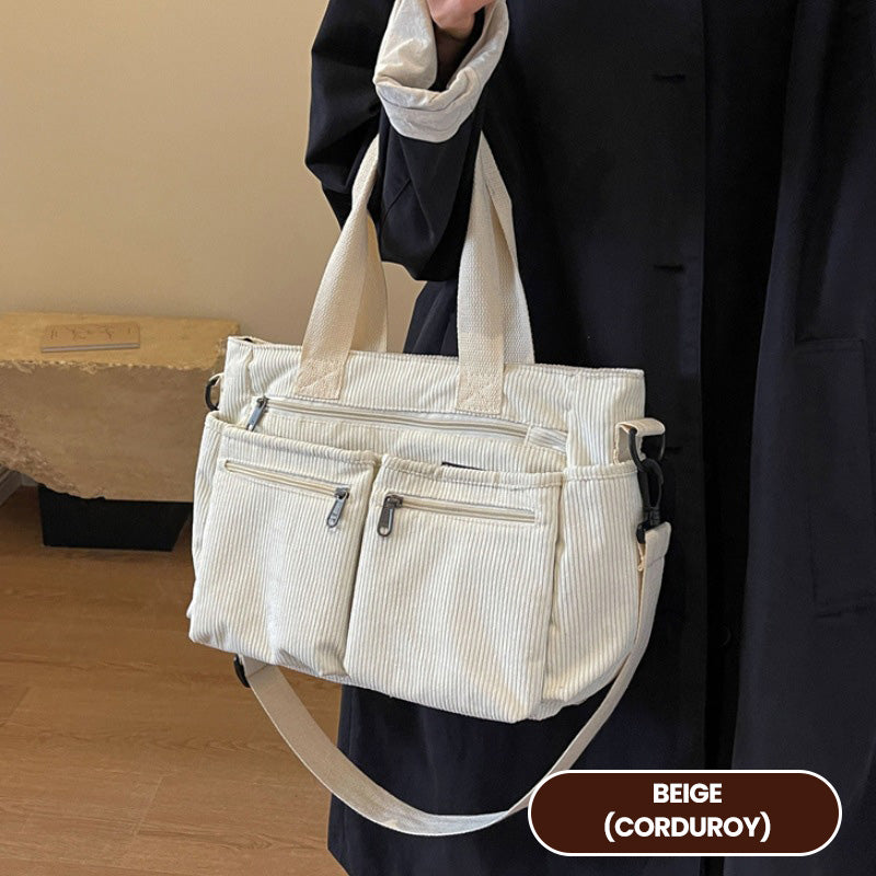 👜✨Vintage Solid Color Shoulder Bag – Retro Collegiate Style, Spacious & Durable Corduroy/Canvas