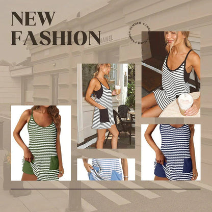 Women's Casual Striped Sleeveless Dress with Shorts