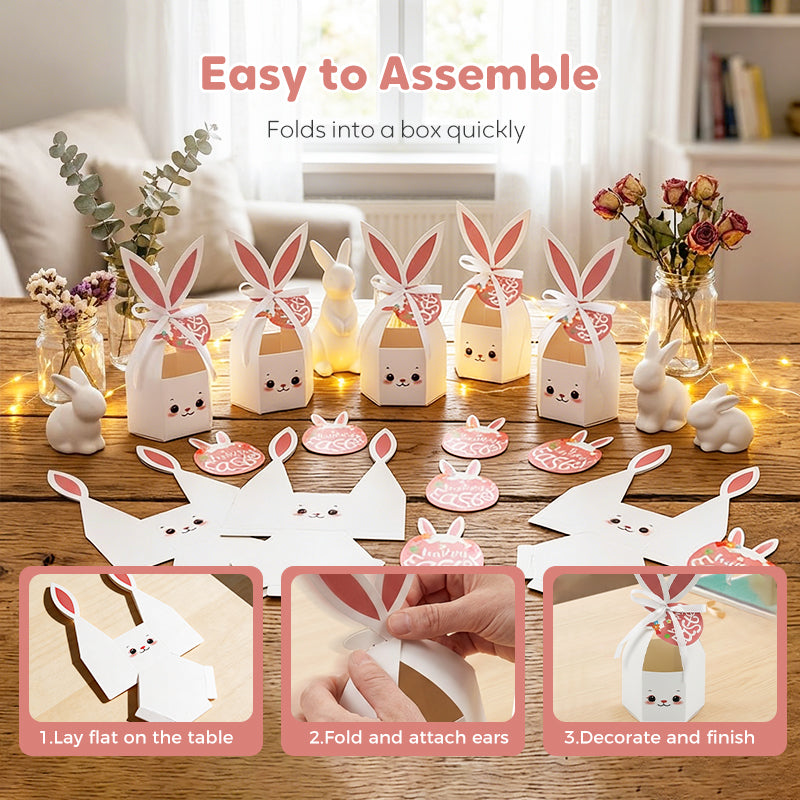 10PCS Easter Bunny Treat Boxes with Ribbons & Tags