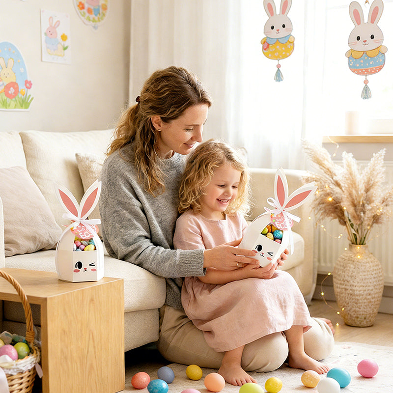 10PCS Easter Bunny Treat Boxes with Ribbons & Tags