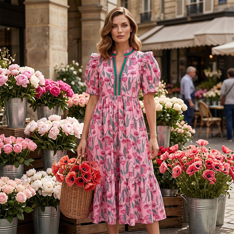 Women's Floral Print Puff Sleeve Maxi Dress