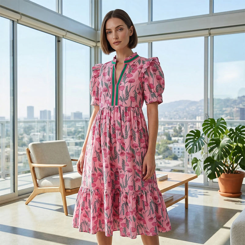 Women's Floral Print Puff Sleeve Maxi Dress