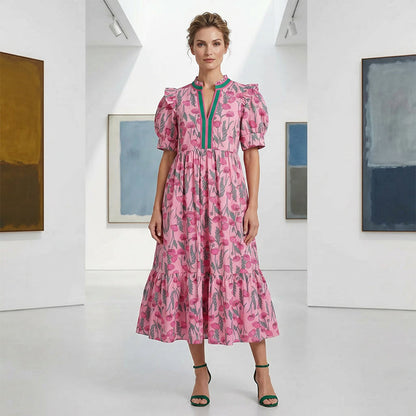 Women's Floral Print Puff Sleeve Maxi Dress