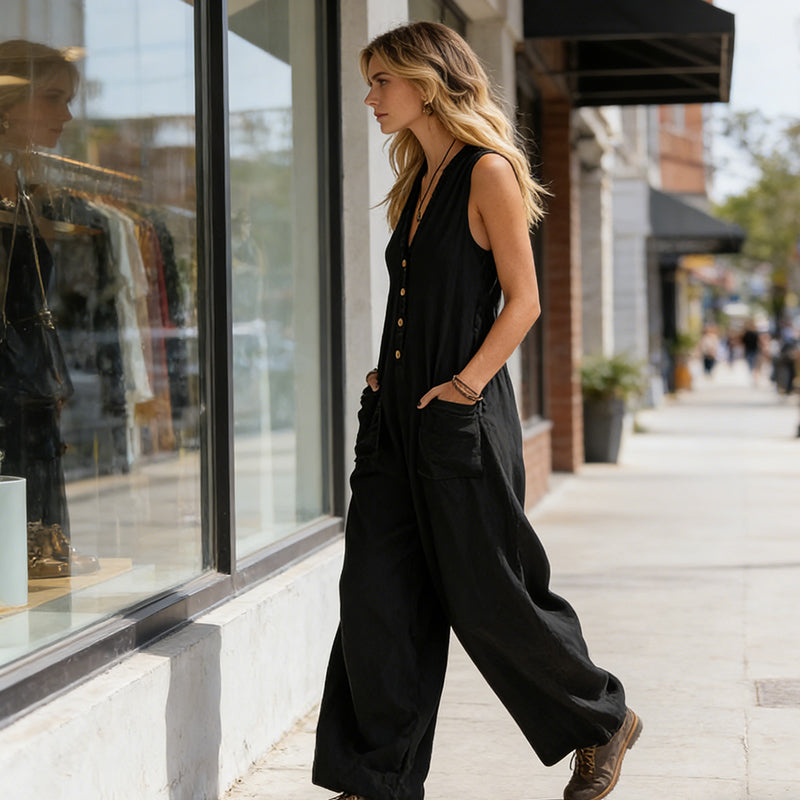 Women's Sleeveless V-Neck Wide-Leg Jumpsuit